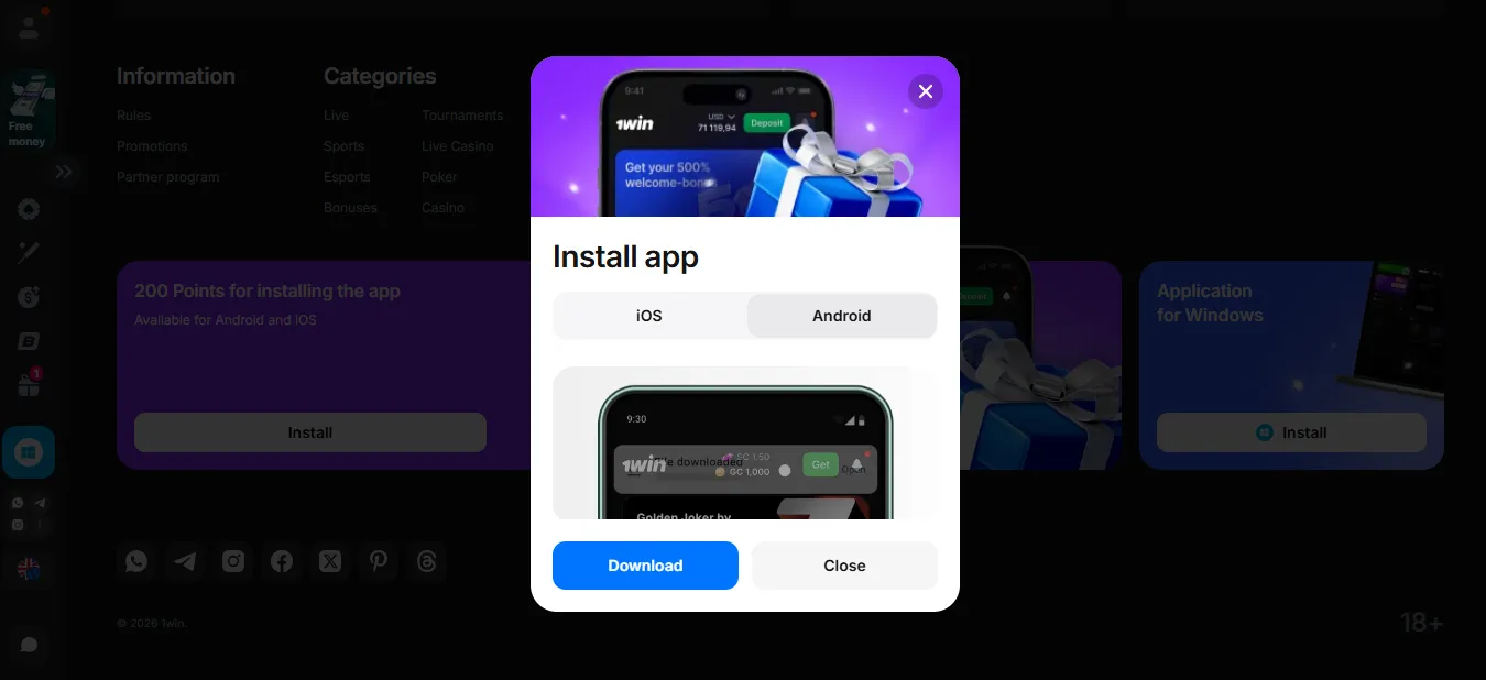 1Win APK mobile app for Android and iOS users in India